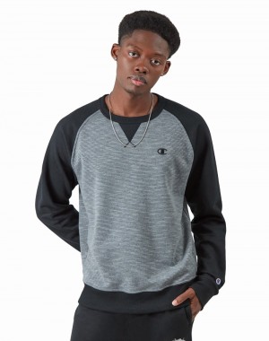 Men's Champio Powerblend Striped Crewneck Sweatshirts Grey | C9IA63