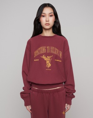 Women's Champio Champion x Guizio Oversized Reverse Weave Crewneck Sweatshirts Burgundy | B4QV51