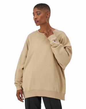 Women's Champio Classic Fleece Oversized Crewneck Sweatshirts Beige | D3HX95