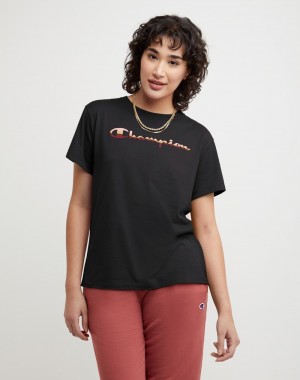 Women's Champio Classic T Shirts Black | X0FT49