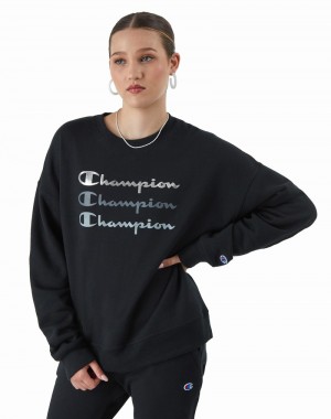 Women's Champio Powerblend Crewneck Sweatshirts Black | F3CQ14