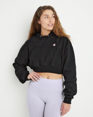 Women's Champio Reverse Weave Cropped Hoodie Black | J9GZ94