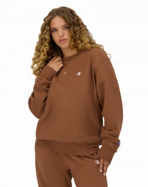 Women's Champio Reverse Weave Oversized Crewneck Sweatshirts Brown | R8IC10