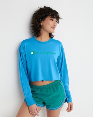 Women's Champio Soft Touch Long-Sleeve Cropped Crewneck T Shirts Blue | F5CR71