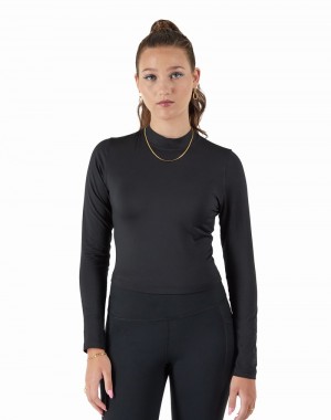 Women's Champio Soft Touch Mock Neck Long-Sleeve Crop Top T Shirts Black | F5TL43