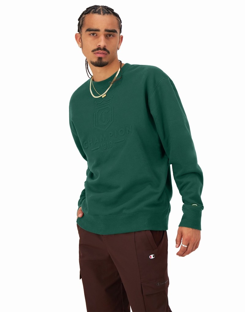 Men's Champio Classic Fleece Crewneck Sweatshirts Green | T1SY58