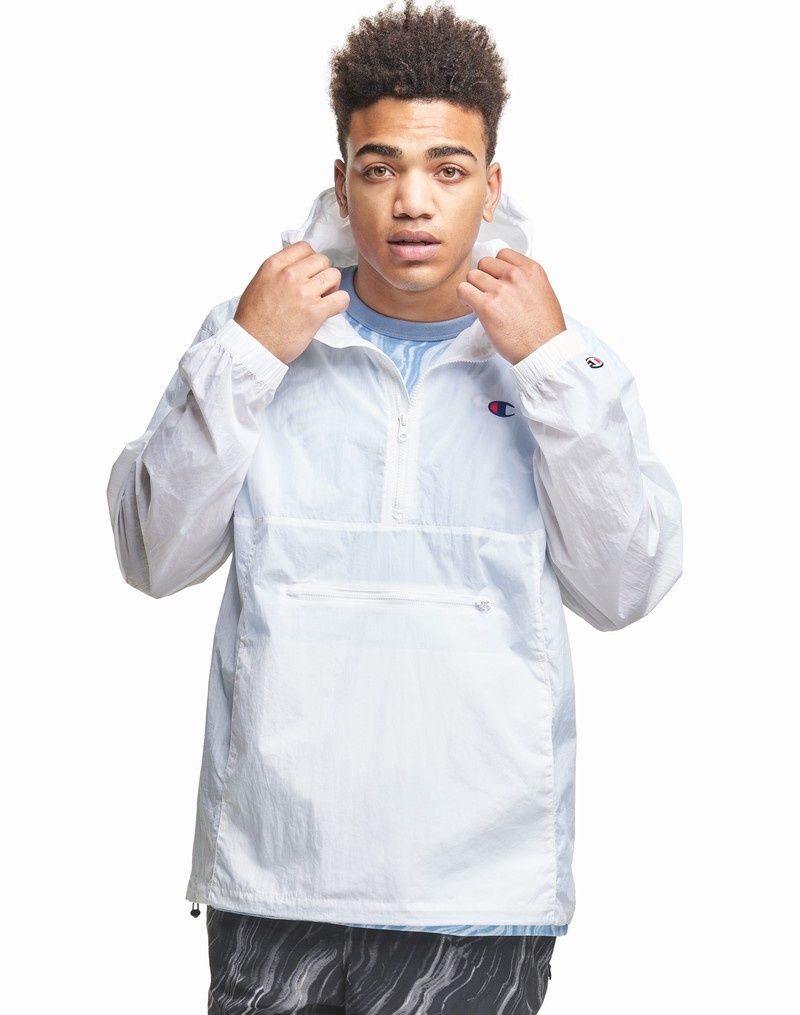 Men\'s Champio Packable Nylon Anorak Hoodie White | F7SE86