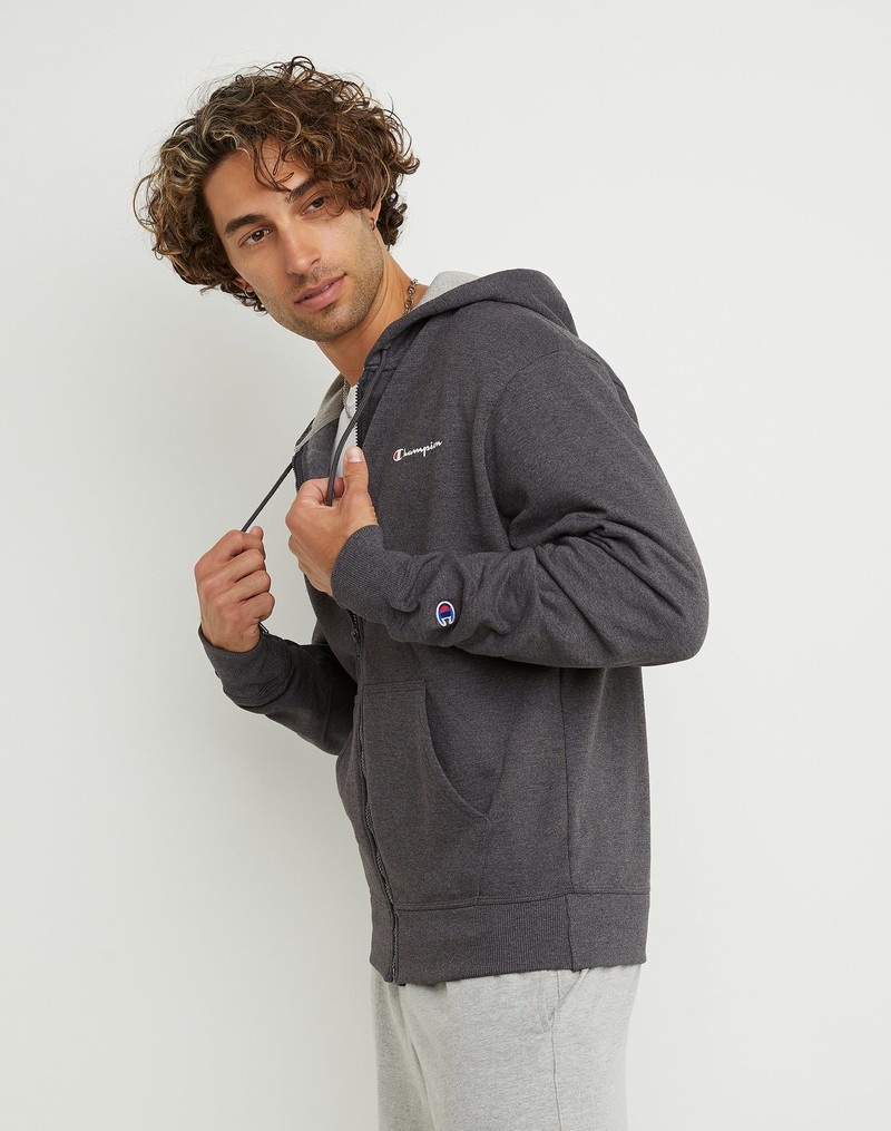 Men's Champio Powerblend Fleece Full Zip Hoodie Grey | N6DD60