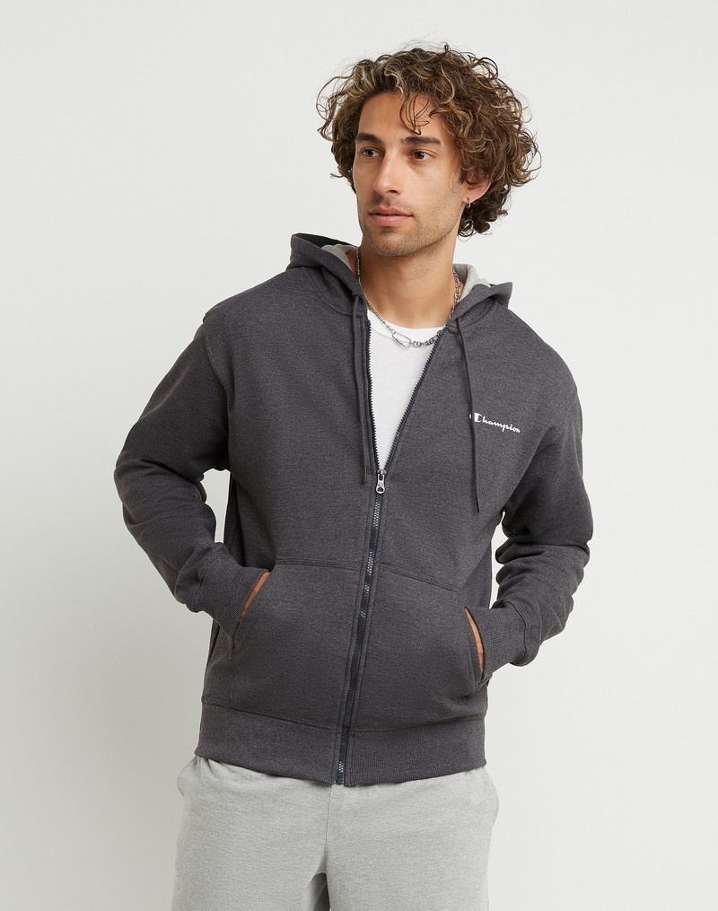 Men\'s Champio Powerblend Fleece Full Zip Hoodie Grey | N6DD60