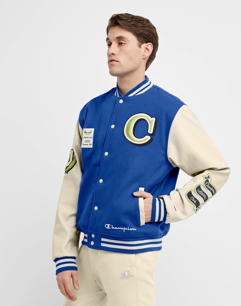 Men's Champio Premium Letterman Jackets Blue | E0HL22