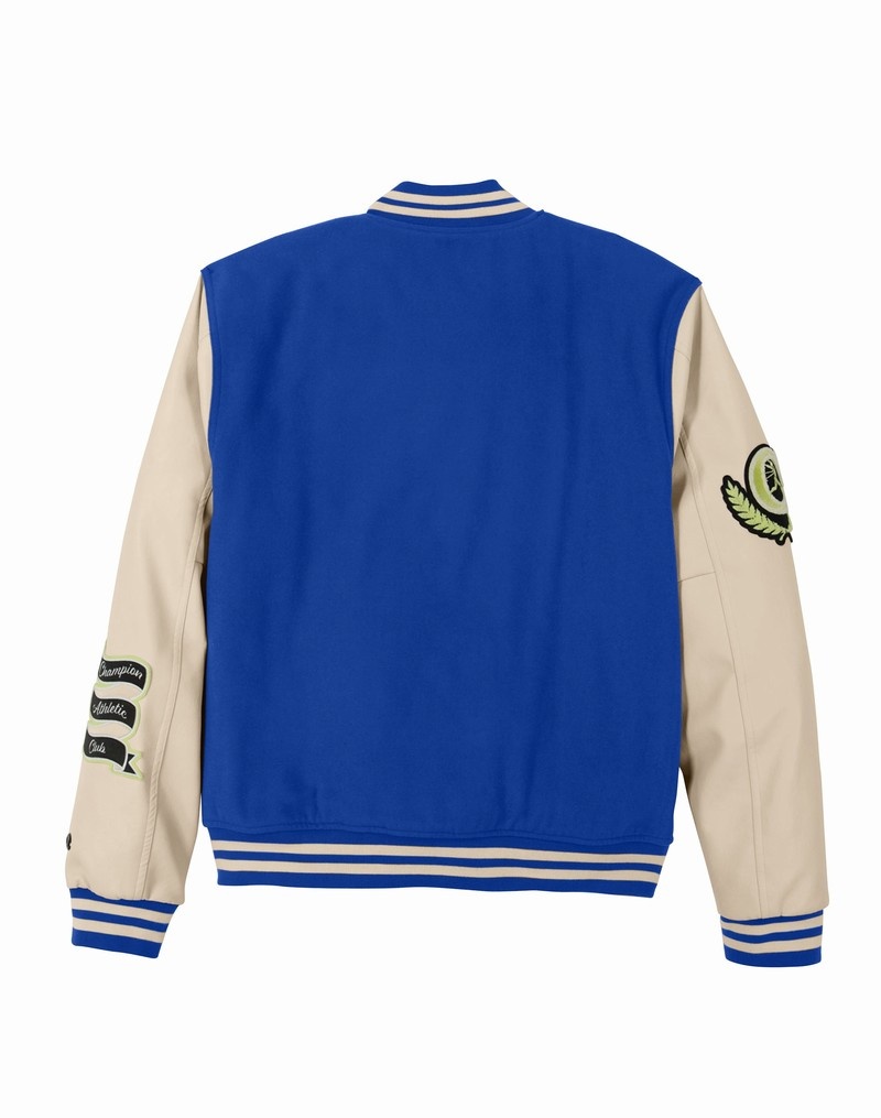 Men's Champio Premium Letterman Jackets Blue | E0HL22