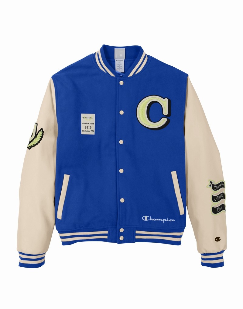 Men\'s Champio Premium Letterman Jackets Blue | E0HL22