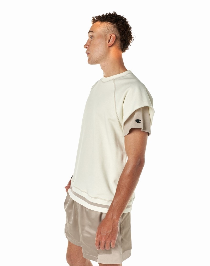 Men's Champio Premium Super Fleece Layered T Shirts Beige | I3MP69