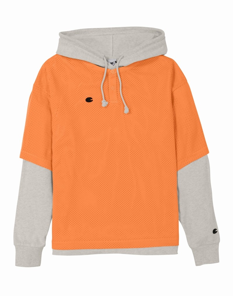 Men\'s Champio Premium Weave Layered Mesh Hoodie Orange | A1DI70