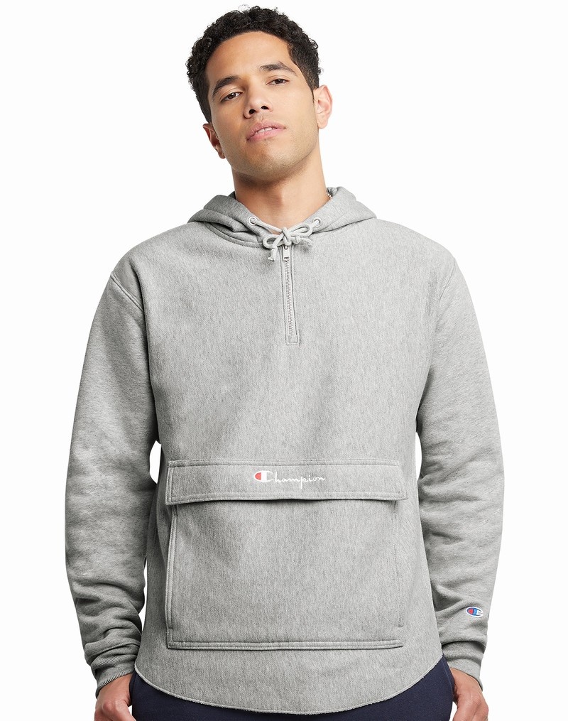 Men\'s Champio Reverse Weave Boxy Anorak Hoodie Grey | D8TN57