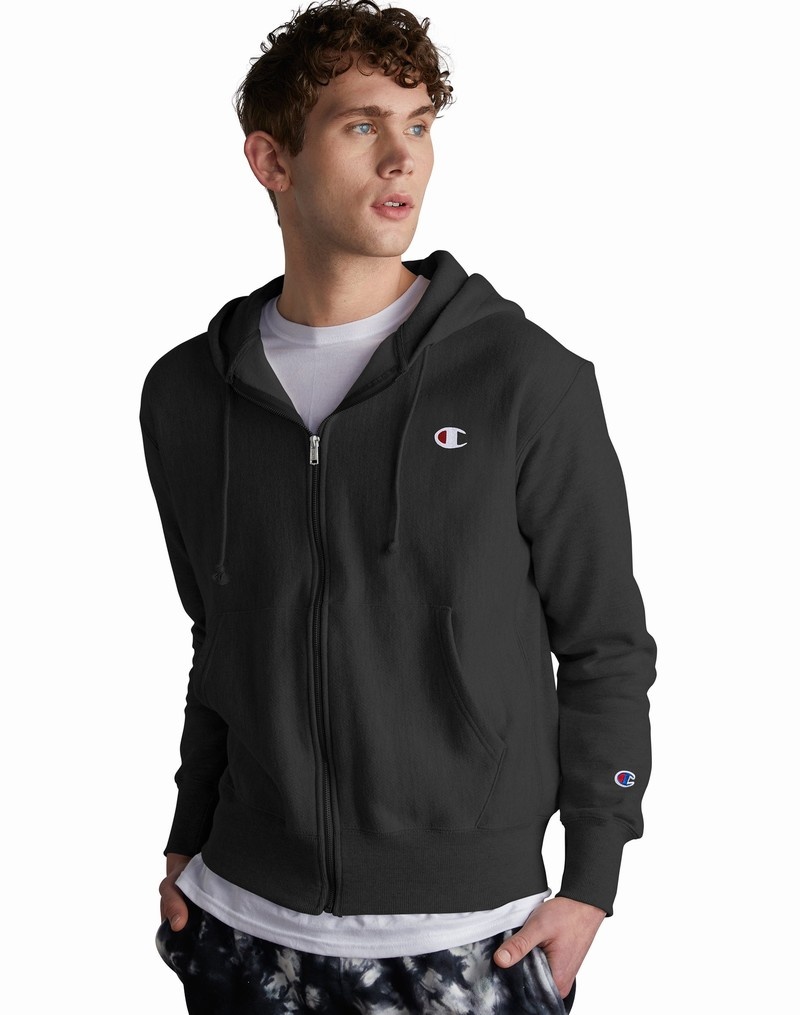 Men's Champio Reverse Weave Full Zip Hoodie Black | V4CQ11