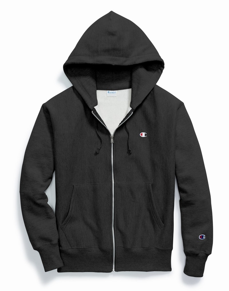 Men's Champio Reverse Weave Full Zip Hoodie Black | V4CQ11