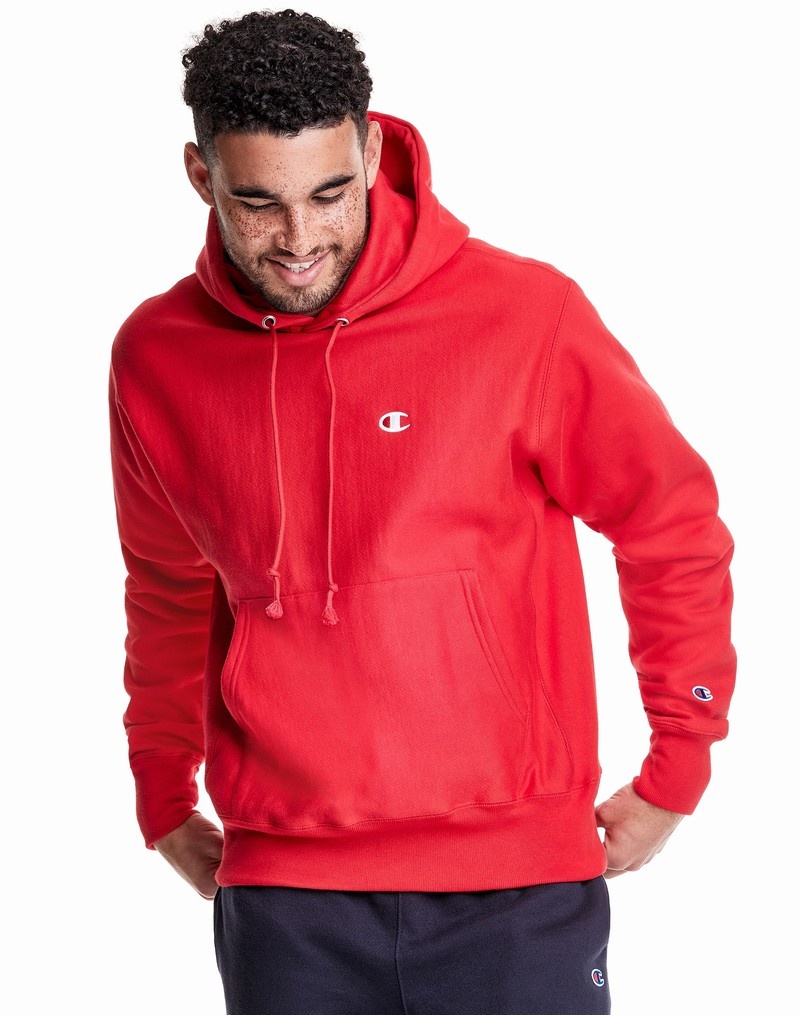 Men\'s Champio Reverse Weave Hoodie Red | V5ZC37