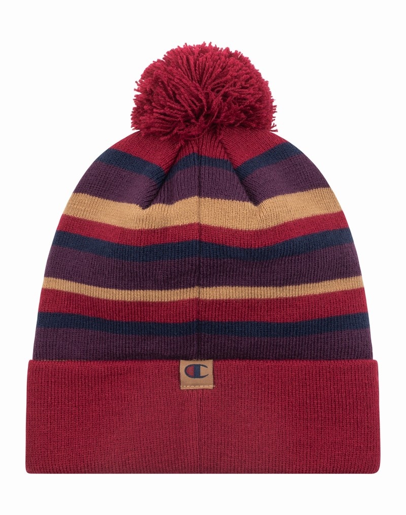 Men's Champio Wells Cuff Striped Pom Beanie Red | U5BT64