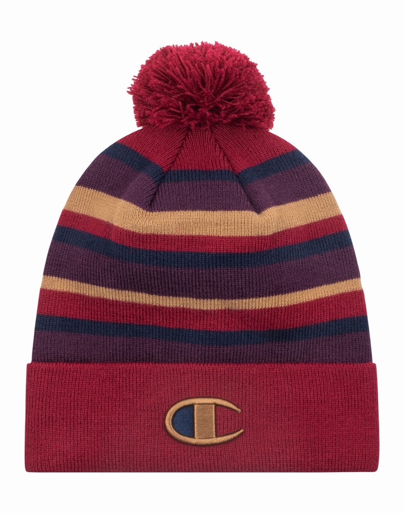 Men\'s Champio Wells Cuff Striped Pom Beanie Red | U5BT64