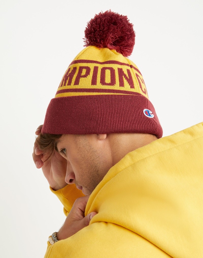 Men's Champio With Cuff And Pom Beanie Yellow | C3VI82