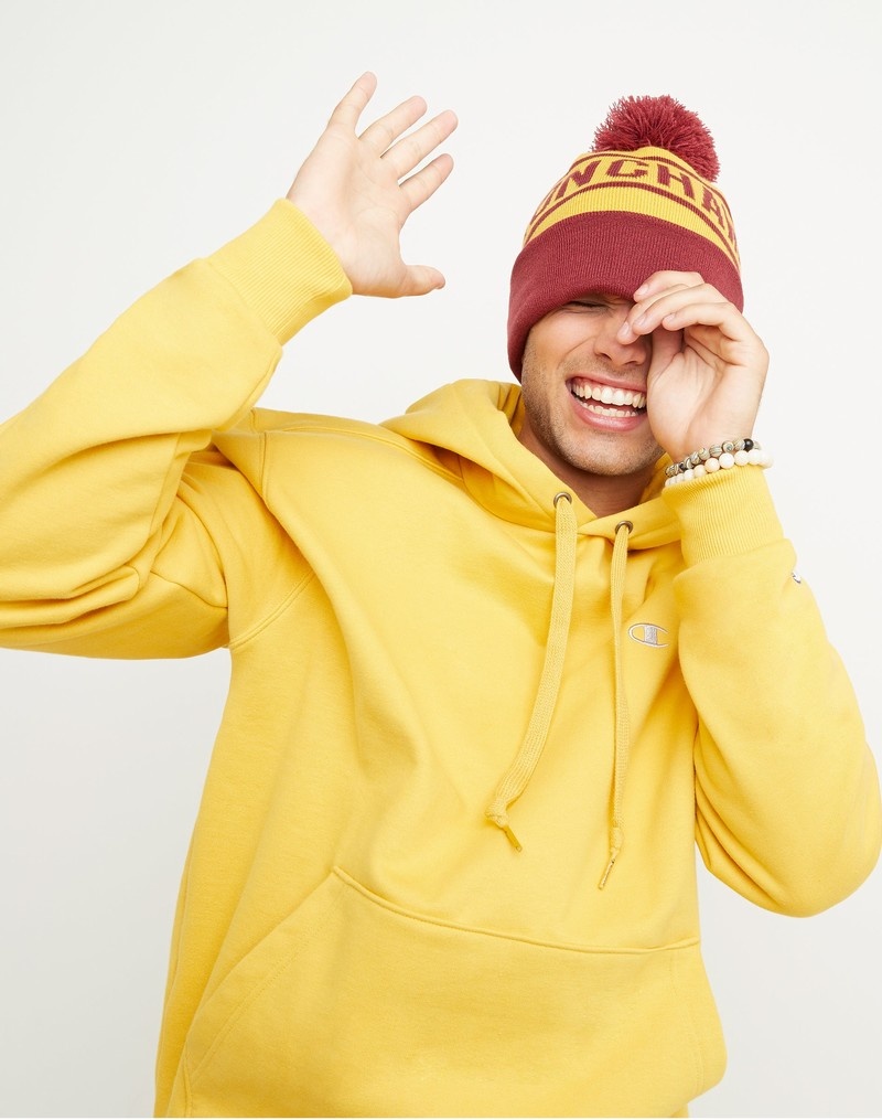 Men's Champio With Cuff And Pom Beanie Yellow | C3VI82