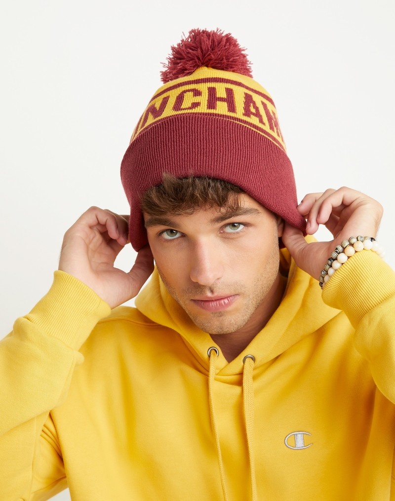 Men\'s Champio With Cuff And Pom Beanie Yellow | C3VI82