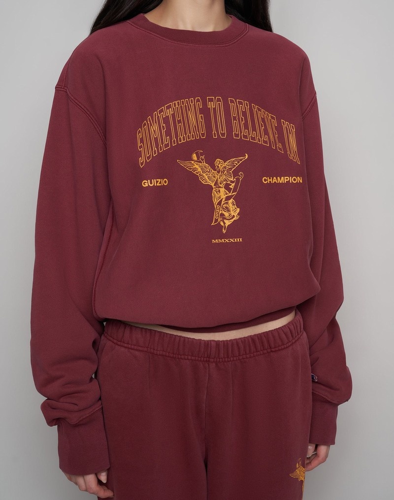 Women's Champio Champion x Guizio Oversized Reverse Weave Crewneck Sweatshirts Burgundy | B4QV51