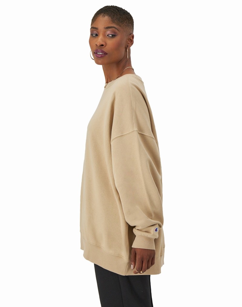 Women's Champio Classic Fleece Oversized Crewneck Sweatshirts Beige | D3HX95