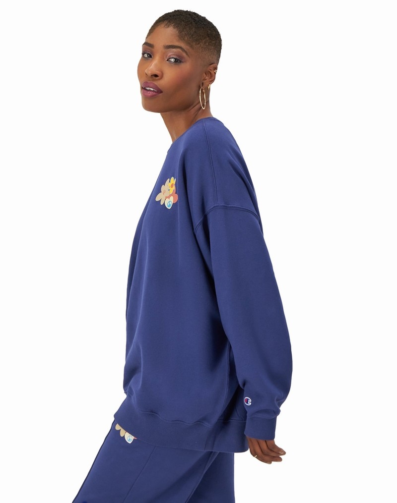 Women's Champio Classic Fleece Oversized Crewneck Sweatshirts Blue | L5GU04