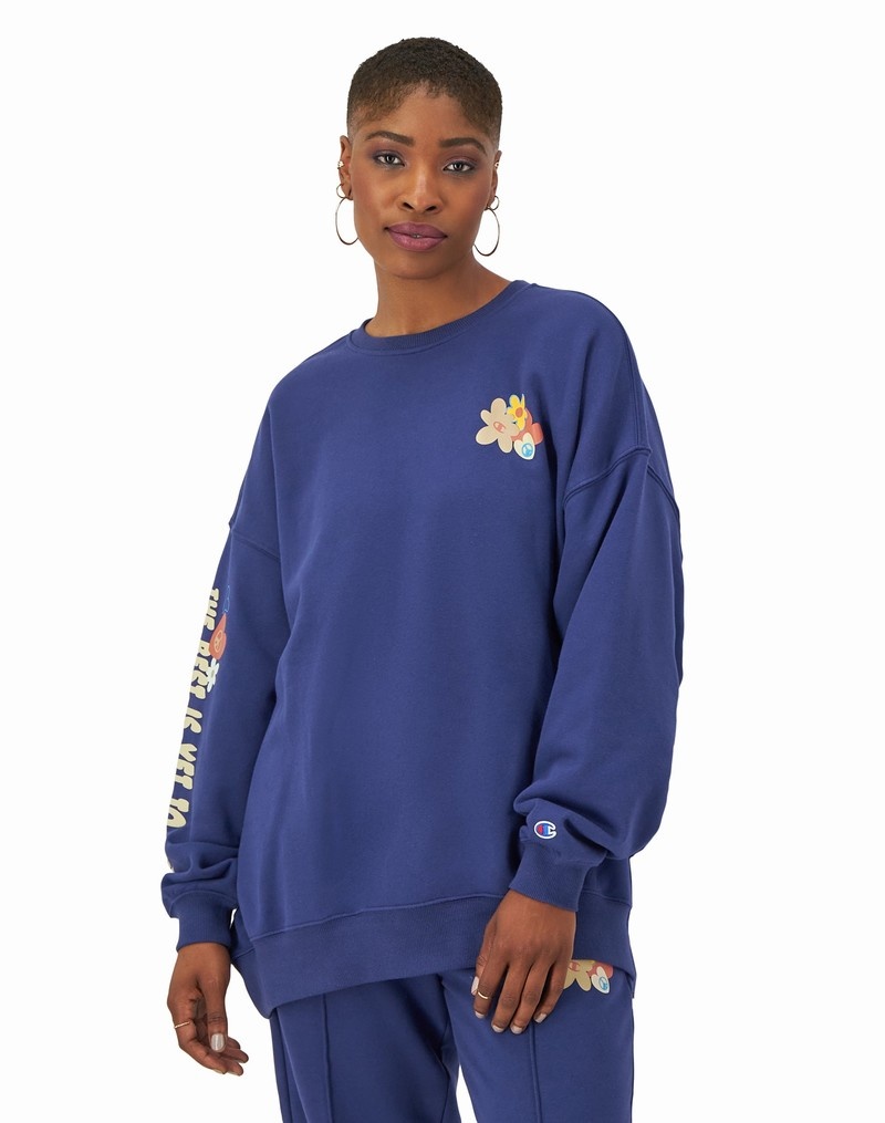 Women's Champio Classic Fleece Oversized Crewneck Sweatshirts Blue | L5GU04