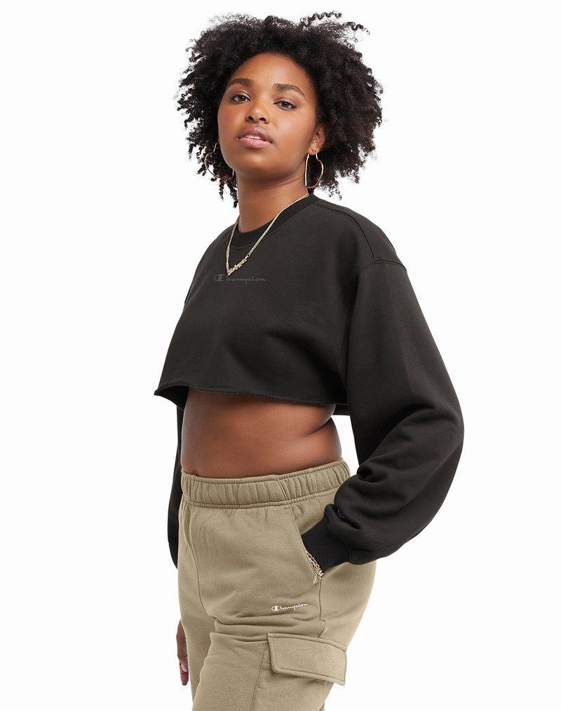 Women's Champio Classic Fleece Super Cropped Crew Sweatshirts Black | K3NM55