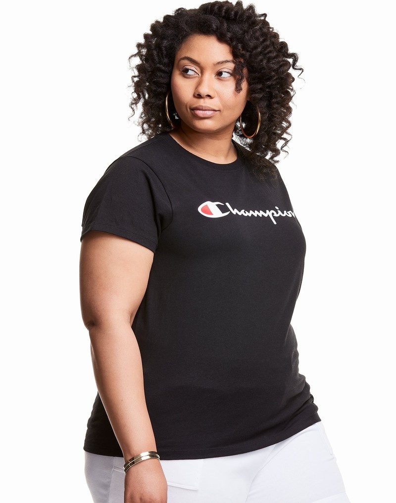 Women's Champio Classic T Shirts Black | F4LQ20