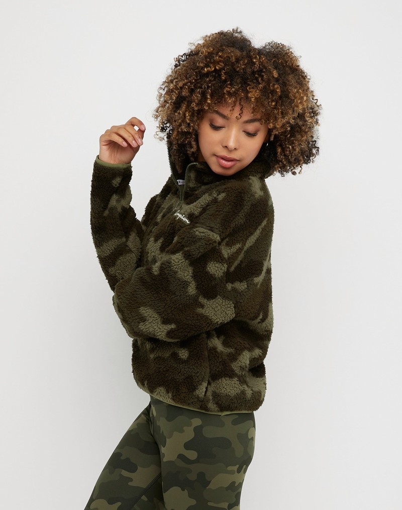 Women's Champio Cozy High Pile Print Quarter Zip Pullover Camouflage | W3EM56