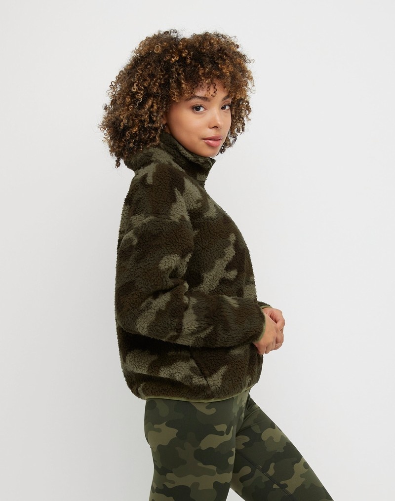 Women's Champio Cozy High Pile Print Quarter Zip Pullover Camouflage | W3EM56