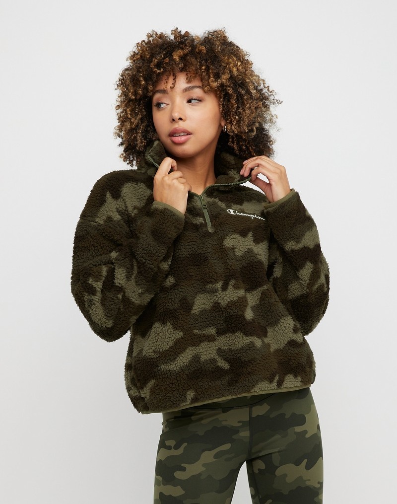 Women\'s Champio Cozy High Pile Print Quarter Zip Pullover Camouflage | W3EM56