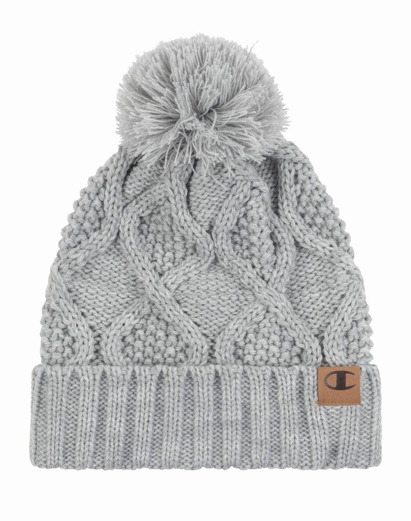 Women\'s Champio Diamond Cable Cuff Pom Beanie Grey | S7WR32