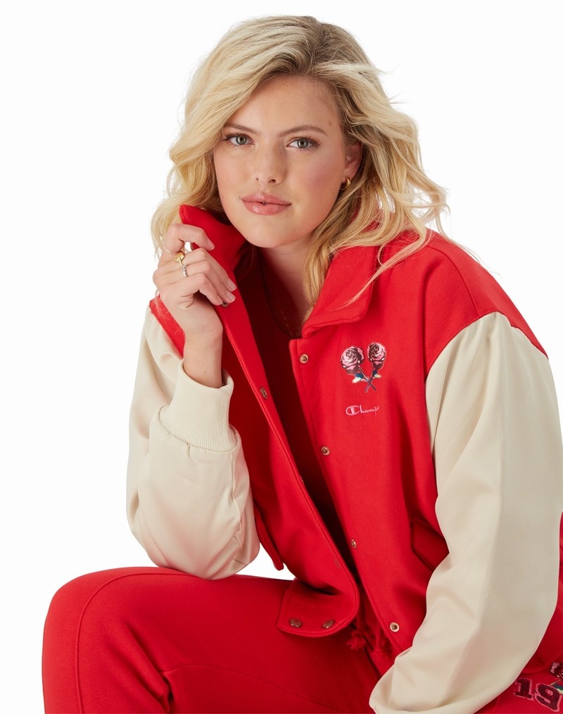 Women's Champio Letterman Patch Jackets Red | M4JX45