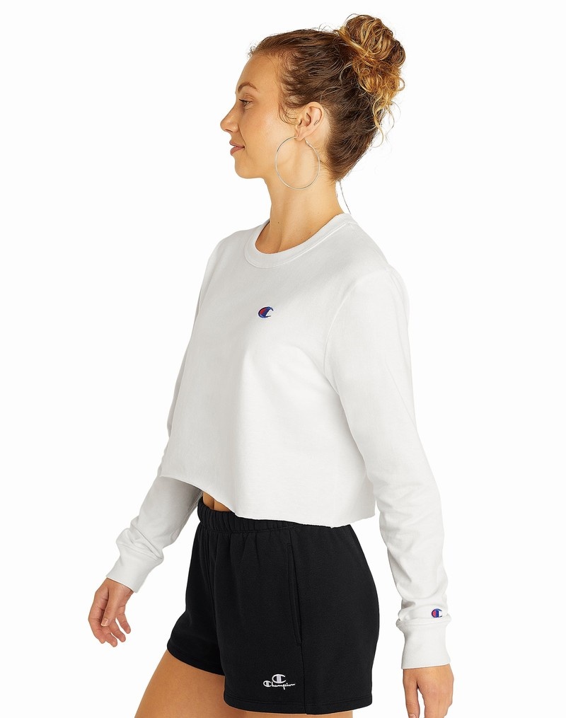 Women's Champio Long-Sleeve Cropped Tops White | H1ZW57