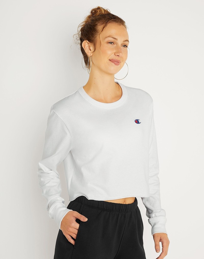 Women's Champio Long-Sleeve Cropped Tops White | H1ZW57