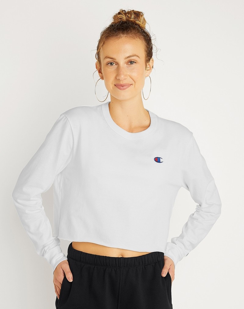 Women\'s Champio Long-Sleeve Cropped Tops White | H1ZW57