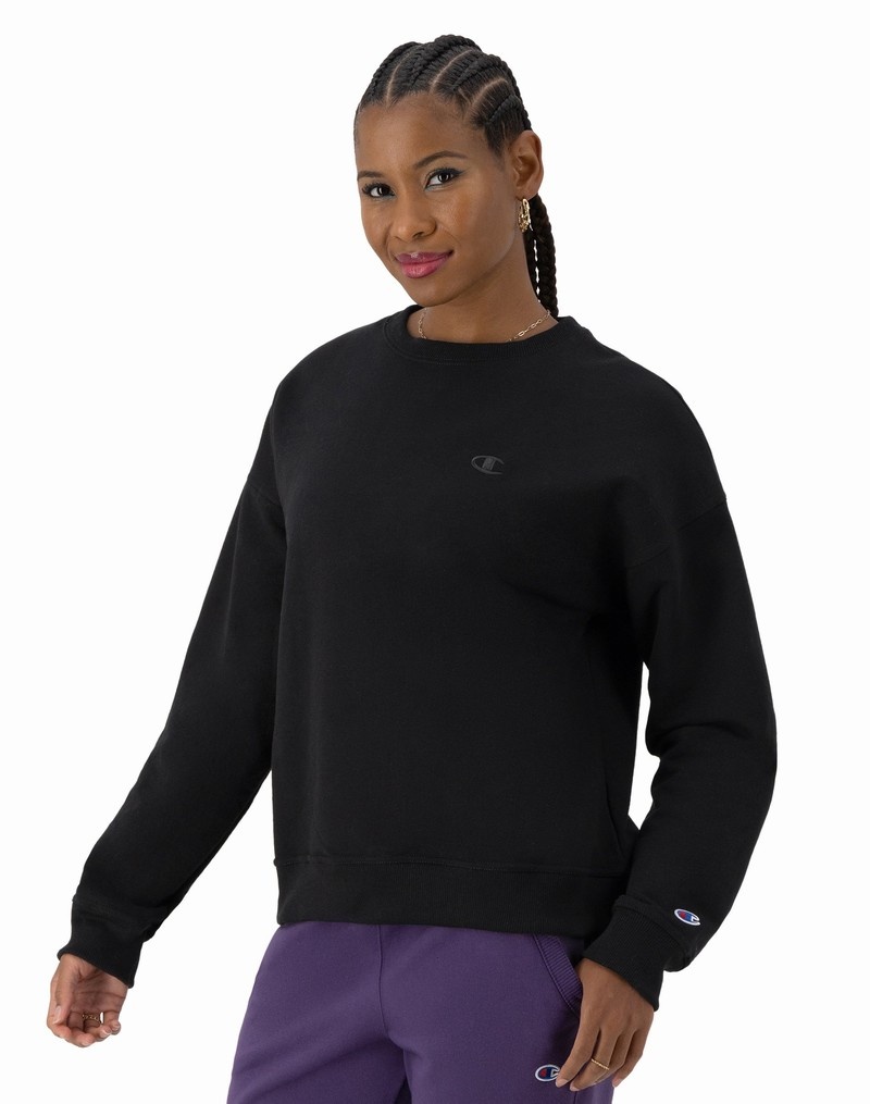 Women's Champio Powerblend Crewneck Sweatshirts Black | B2BU34