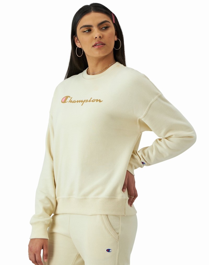 Women's Champio Powerblend Crewneck Sweatshirts Beige | G9AK63