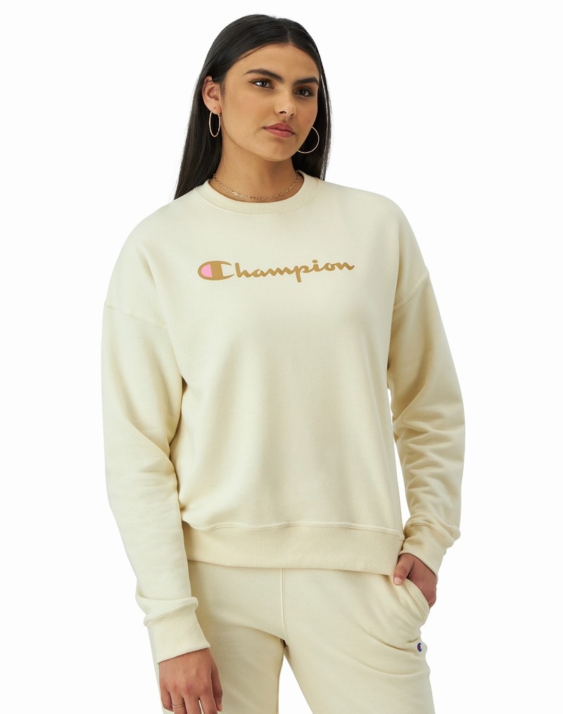 Women\'s Champio Powerblend Crewneck Sweatshirts Beige | G9AK63