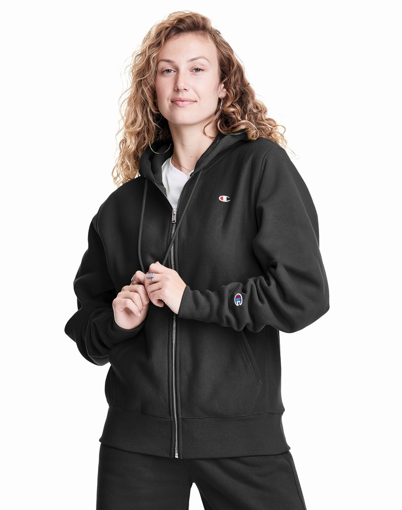 Women\'s Champio Reverse Weave Full Zip Oversized Hoodie Jackets Black | O4IX89