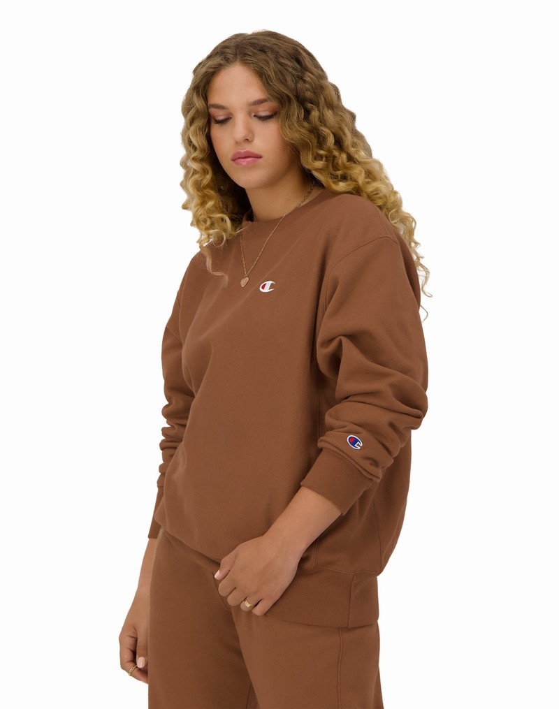 Women's Champio Reverse Weave Oversized Crewneck Sweatshirts Brown | R8IC10