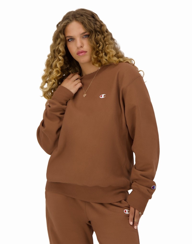 Women\'s Champio Reverse Weave Oversized Crewneck Sweatshirts Brown | R8IC10