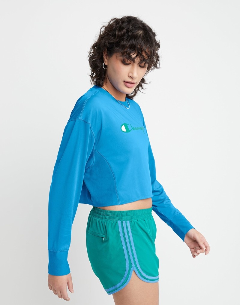 Women's Champio Soft Touch Long-Sleeve Cropped Crewneck T Shirts Blue | F5CR71