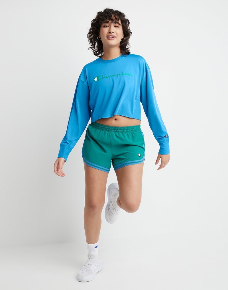 Women's Champio Soft Touch Long-Sleeve Cropped Crewneck T Shirts Blue | F5CR71